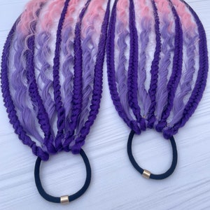 2 Hair Ties with Synthetic Braids, Curls – Ponytail Boho Dreadlocks on Elastic Band, Hippie Festival hair accessories Gift set, Faux Locs