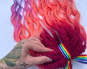 Pink Double Ended Dreadlock Extensions - Magenta and Orange Synthetic Curly Wavy Locs