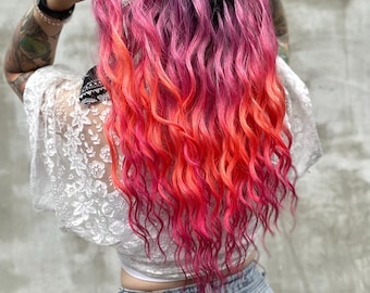 Pink Synthetic Dreads – Magenta Dreadlocks, Festival Orange Ombre Curls, Fairy Hair Extensions