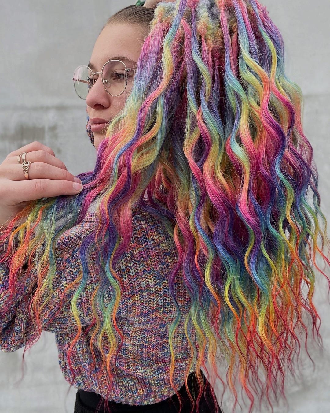 TWO Hair falls 24”, Fast Festival Hair, Multicolored Wool Rainbow Colors Festival Curls - Short Synthetic Double Ended  main image 2