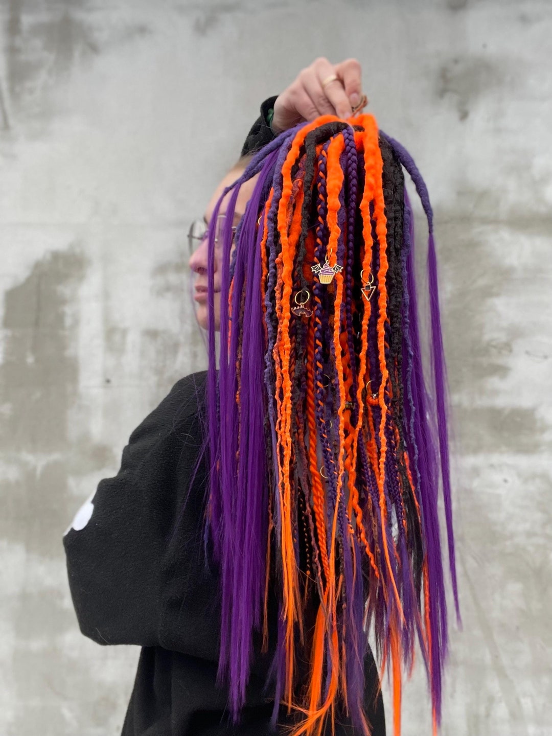 Neon Black, Purple & Vivid Orange Faux Dreads - Crochet Dreadlocks