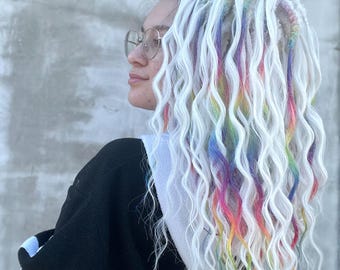 White & Rainbow colors Festival curls - Synthetic Double ended Dreadlocks extensions, Rave Faux Boho locs, Push Up Curly hair falls Full set