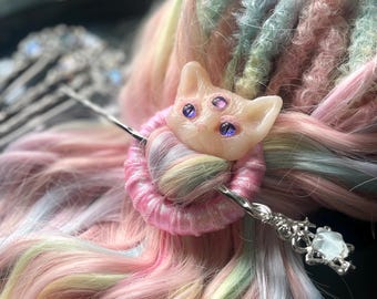 Moon cat Hair Accessory for Dreadlocks - Festival Accent Dreads gift, Random eyes, Boho Holder for Dreads, Rave Metal hairpin