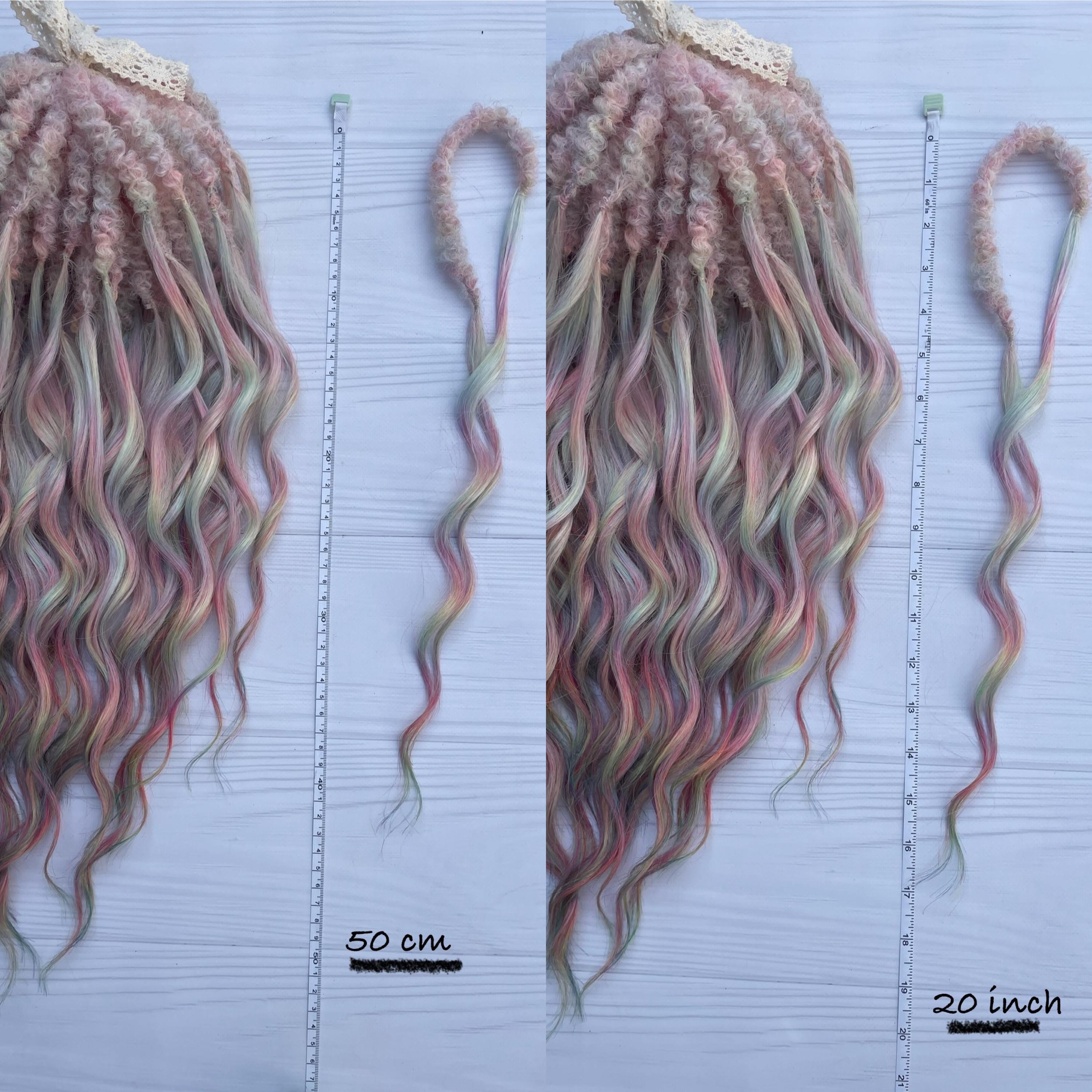 TWO Hair falls 24”, Fast Festival Hair, Multicolored Wool Rainbow Colors Festival Curls - Synthetic Double Ended  main image 4