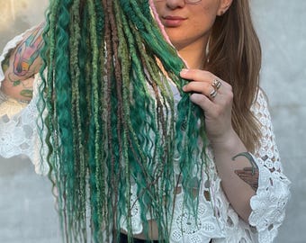 Green Festival curly dreadlocks - Boho hair extensions, Synthetic Double ended dreads
