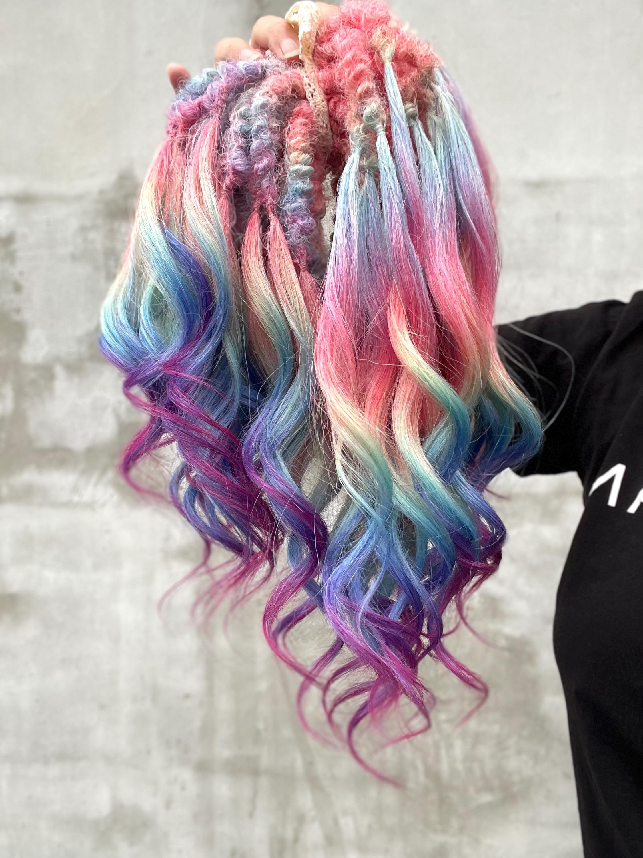 TWO Hair falls 24”, Fast Festival Hair, Multicolored Wool Rainbow Colors Festival Curls - Synthetic Double Ended  main image 3