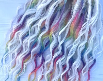 White Rave Curls – Rainbow Synthetic Dreadlocks, Festival Hair Extensions