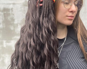 Brown Synthetic Dreads – Blue Accents Dreadlocks, White Festival Boho Hair Extensions