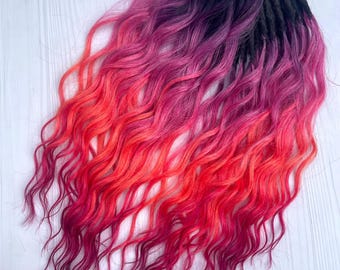 Pink Ombre Double Ended Dreadlock Extensions - Magenta and Orange Synthetic Curly Wavy Locs, Purple Accents Dreads