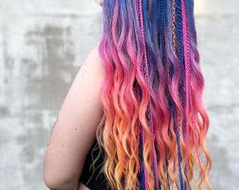 Blue Festival Dreadlock extensions, Orange Accents Synthetic Double ended Dreads, Pink Boho Braids