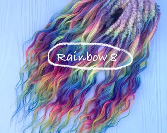 May include: Rainbow colored wavy hair extensions. The hair is tied together with a white string. The text "Rainbow 8" is written in white on a white oval.