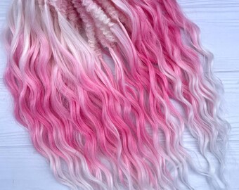 Pink Ombre Curls – White Synthetic Dreadlocks, Festival Hair Extensions