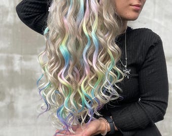 Blonde Curly Dreads – Rainbow Accents Synthetic Curls, Festival Boho Wavy Dreadlocks
