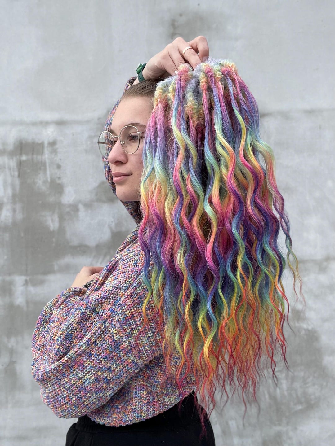 Rainbow Curly Dreads - Rave Colorful Curls, Faux Double  display picture 3