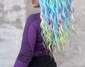 Brushable Soft Blue Wavy Curls - Pastel Temporary Curly Dreads, Rainbow Synthetic Boho Dreadlocks, Festival Hair extensions