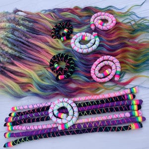 Rave Rainbow Neon Locs Wrap - Bendable Dreadlocks Holder for Boho Hairstyle, Hippie Flexible Hair Jewelry, Dreads Accessory Gift set