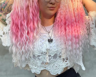 White Festival Curls - Pink Curly Dreads, Synthetic Boho Dreadlocks, Faux Double Ended Festival Hair