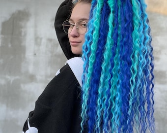 Blue mix Festival Synthetic Wavy Curls - Soft Double Ended Dreadlocks Extensions, Boho Temporary Faux locs, Rave Curly Dreads falls Full Set