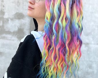 Rainbow colors Festival curls - Synthetic Double ended Dreadlocks extensions, Hippie Boho brushable locs, Push Up Curly hair falls, Full set