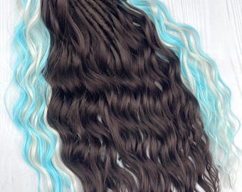 Brown Synthetic Dreadlocks – Festival Boho Curls, Blue and White Accents Hair Extensions