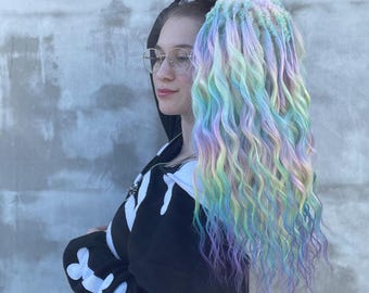 Rainbow colors Festival curls - Synthetic Double ended Dreadlocks extensions, Hippie Boho hairstyle gift, Push Up Curly hair falls, Full set