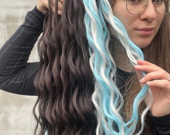 Blue Accents Wavy Dreadlocks – Brown Festival Boho Dreads, White Synthetic Hair Extensions