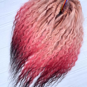 Light to black tips ombre Festival curls - Peach Blonde Dreads extensions, Synthetic Double ended dreadlock, Faux Boho Hippie Wavy hair locs