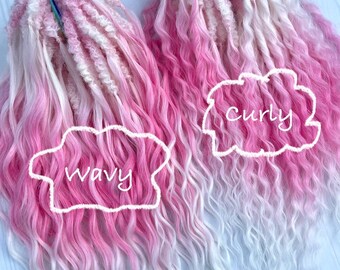 Boho Pink Curly Dreads – White Synthetic Dreadlocks, Festival Hair Extensions