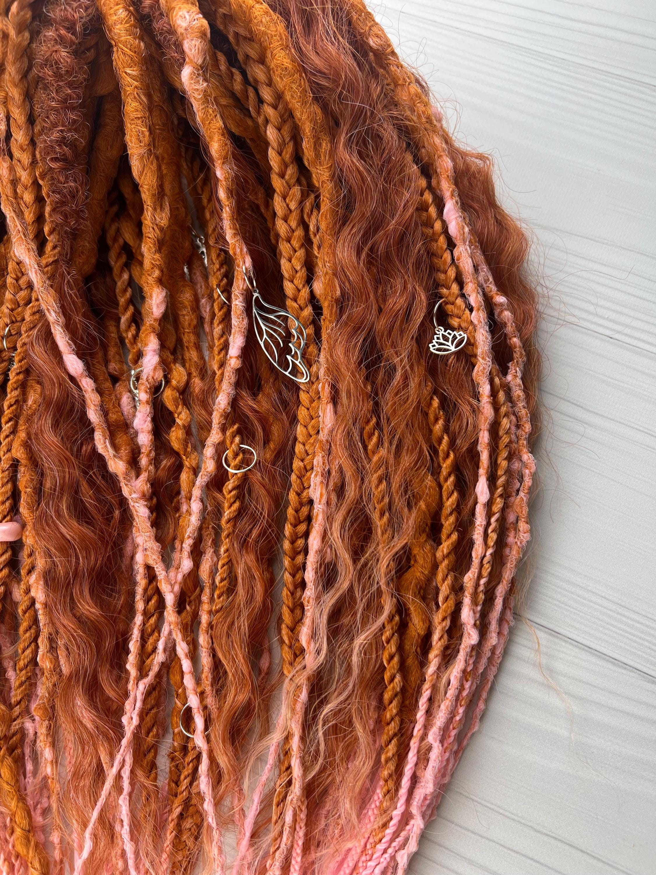 Ginger to Pink Crochet Dreadlocks Extensions - Boho Festival Curls Double Ended Synthetic Dreads Wavy Voluminous Hair Falls Faux Rave Locs