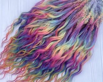 TWO Hair falls 24”, Fast Festival Hair, Multicolored Wool Rainbow Colors Festival Curls - Short Synthetic Double Ended  main image 3