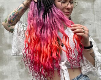 Orange Ombre Synthetic Curly Dreads – Spicy Pink Rave Festival Hair extensions