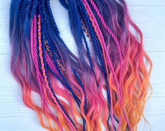 Colorful Festival curls - Blue Dreadlock extensions, Pink Accents Synthetic Dreads, Boho Orange Braids
