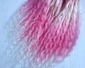 White Festival Curls - Pink Curly Dreads, Synthetic Boho Dreadlocks, Faux Double Ended Festival Hair