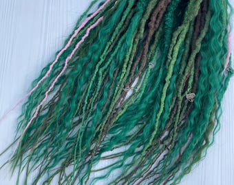 Green Synthetic Dreadlocks – Festival Double Ended Dreads, Brown and Pink Accents Hair Extensions