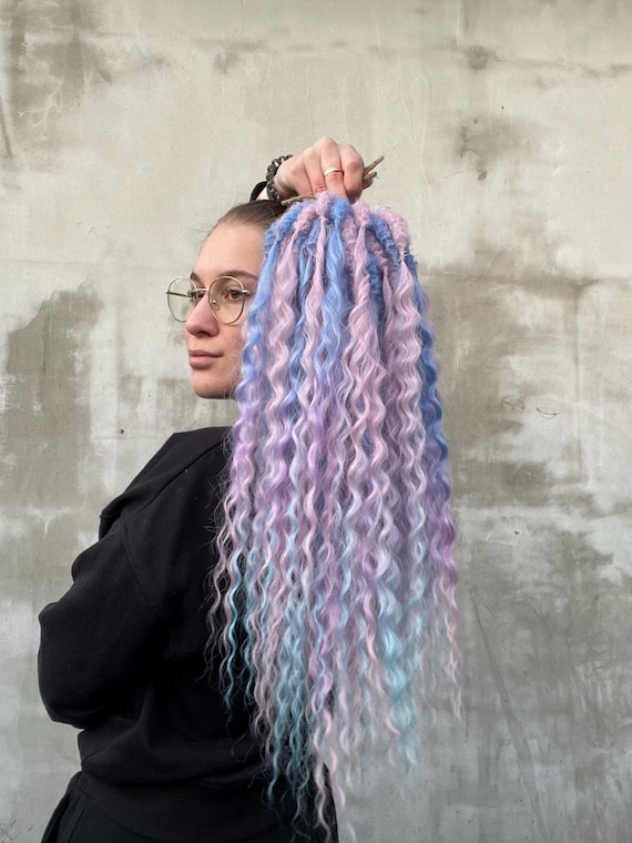 Handmade blonde pink blue ombre tie on dreadlocks Pink Ombre Curly Dreads - Magic Synthetic Double Ended  main image 4