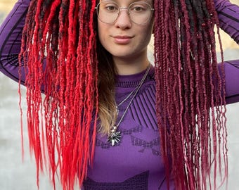 Red Festival Dreadlocks - Burgundy Temporary Hair Extensions, Halloween Black Accents Dreads, Faux Synthetic Double ended Braids