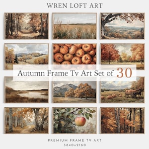 Puede incluir: Un conjunto de 30 impresiones de arte digital que representan escenas de otoño. Las impresiones son de estilo rústico y presentan imágenes de árboles, campos y calabazas. El texto "Autumn Frame Tv Art Set of 30" se muestra en el centro de la imagen. El texto "PREMIUM FRAME TV ART 3840x2160" se muestra en la parte inferior de la imagen.