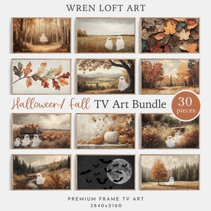 ハロウィン向け秋のフレームテレビアート、ゴーストファミリー向けSamsung秋フレームテレビアートセット、秋の風景画、ヴィンテージ風の素朴なスクリーンセーバーデコレーション
