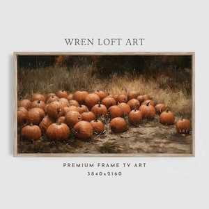 May include: A painting of a pile of orange pumpkins in a field. The pumpkins are arranged in a random pattern and are surrounded by tall grass. The background is a dark forest.