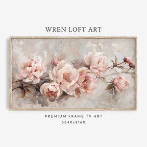 May include: A framed painting of a bouquet of pink peonies on a light grey background. The painting is in a light wood frame. The text "WREN LOFT ART" is at the top of the image and the text "PREMIUM FRAME TV ART 3840x2160" is at the bottom of the image.
