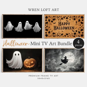 May include: A Halloween Mini TV Art Bundle with four framed art prints. The images include ghosts, a pumpkin, a witch flying past a full moon, and a "Happy Halloween" sign. The text "Wren Loft Art" is at the top of the image.