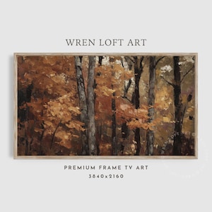 May include: A painting of a forest scene with tall trees and golden leaves. The trees are mostly brown and gray, with some green leaves still visible. The leaves are mostly yellow and orange, with some red and brown leaves mixed in. The painting is framed in a light wood frame.
