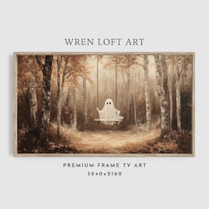 May include: A painting of a ghost on a swing in a foggy forest. The ghost is white and has two black eyes. The forest is filled with tall trees and the ground is covered in leaves. The painting is framed in a light wood frame.