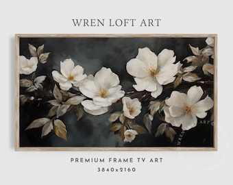 Flower Painting Frame TV Art Dark Rustic Antique White Wildflower Painting Screensaver Vintage Botanical Summer Decor Earthy Organic Floral