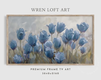 Blue Tulip Summer Flowers Frame Tv Art Vintage Style Spring Floral Painting Soft French Country Tv Art Farmhouse Decor Garden Screensaver