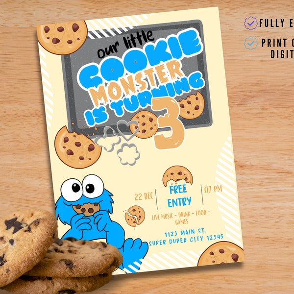 Blue Monster Cookie Party Digital Invitation Download