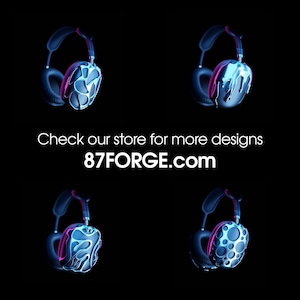 May include: Four pairs of headphones with different designs. The headphones are black with a blue and pink glow. The text on the image reads "Check our store for more designs 87FORGE.com".