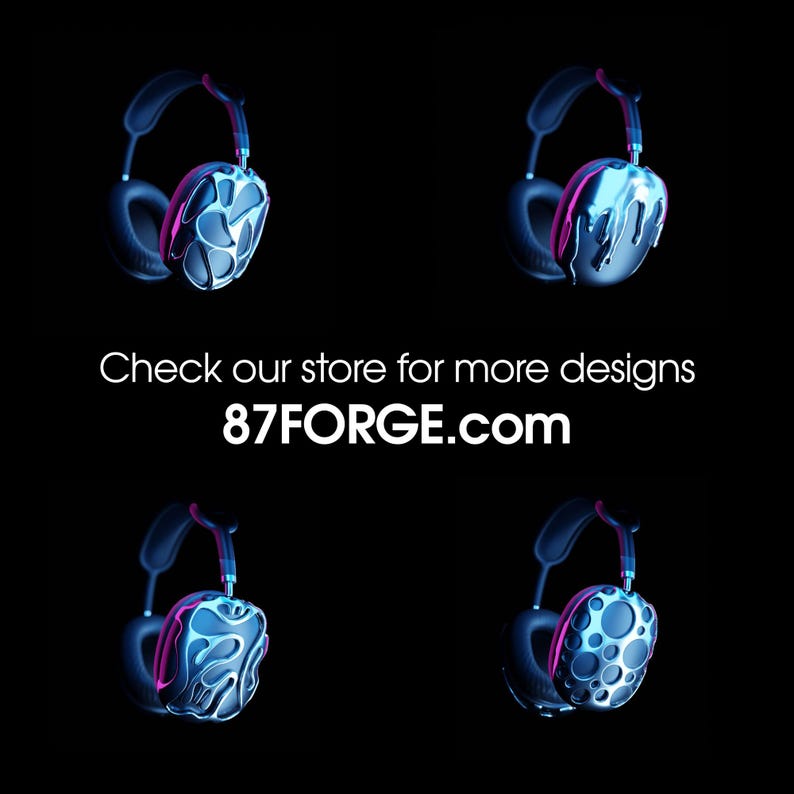 May include: Four pairs of headphones with different designs. The headphones are black with a blue and pink glow. The text on the image reads "Check our store for more designs 87FORGE.com".