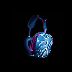 May include: Black headphones with a blue and pink glow. The headphones have a unique, textured design.