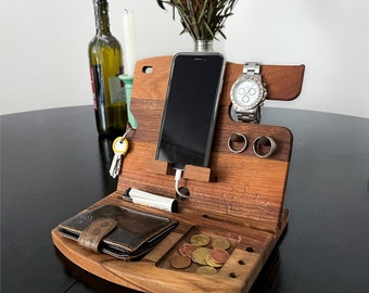 Wooden Phone Stand, iPhone Holder for Desk, Walnut Desk Organizer, Office Gift for Him and Her, Mobile Phone Stand Holder